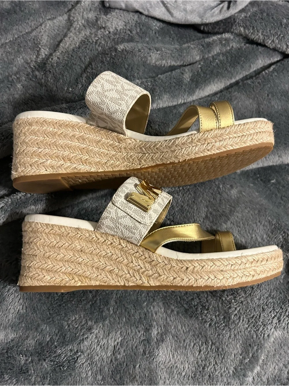 Michael Kors Beige Monogram & Gold Strap Slide Wedges
